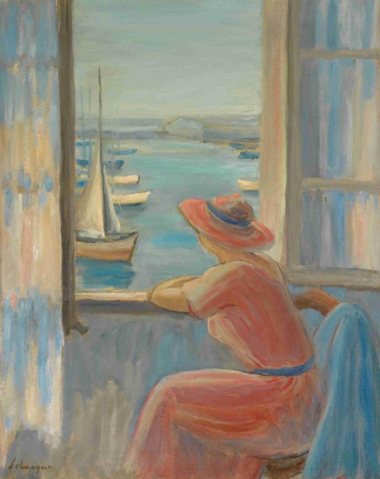 Devant La Fenêtre, Ile D'yeu,Henri Lebasque,Oil Painting,Oil Painting, watercraft, boat, hat, window, solo