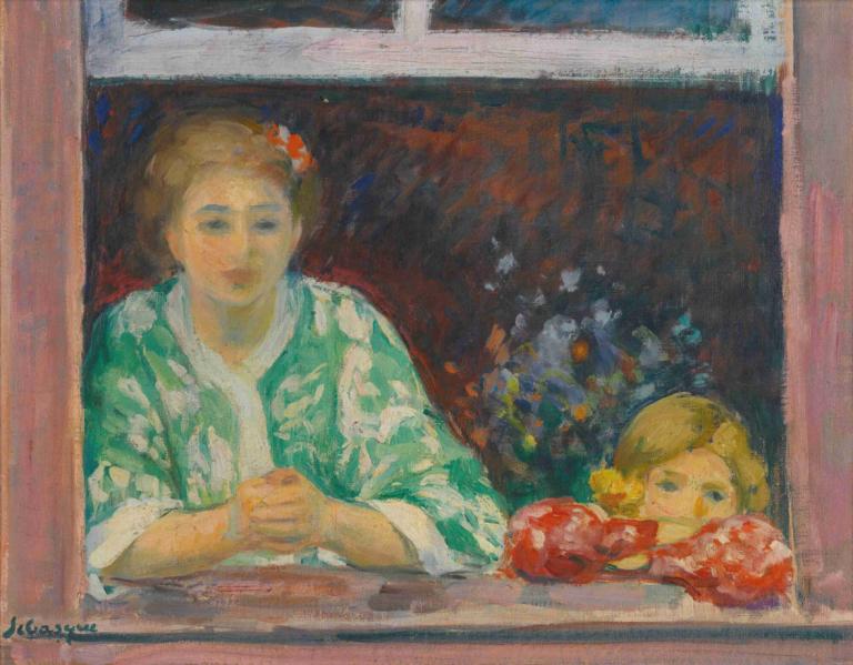 Femme Et Fillette À La Fenêtre,Mujer y niña en la ventana,Henri Lebasque,Pintura al óleo,Pintura al óleo