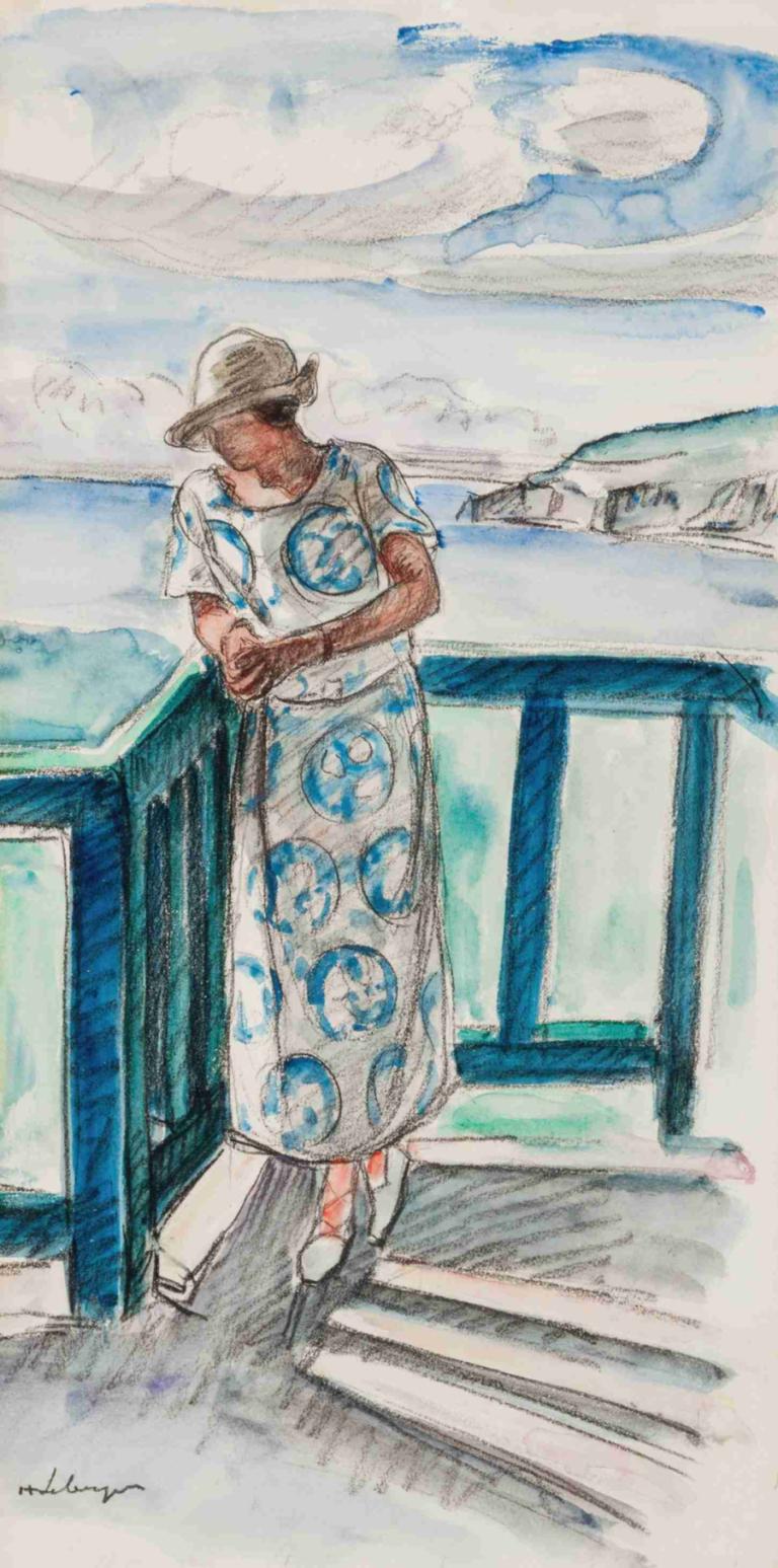 Femme au balcon,Henri Lebasque,Oil Painting,Oil Painting, solo, hat, railing, 1boy, short sleeves