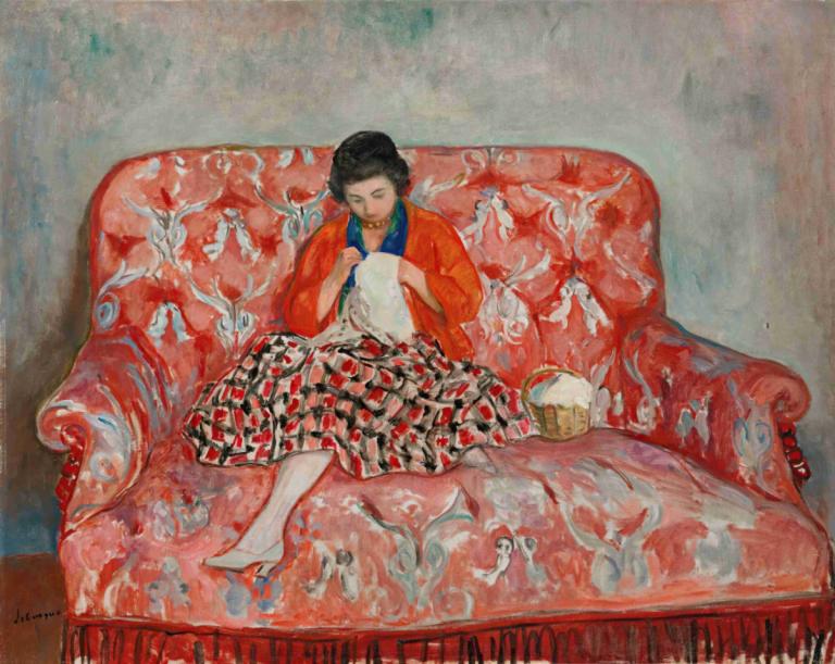 Jeune Fille Cousant Sur Un Canapé,Mlado dekle šiva na kavču,Henri Lebasque,Oljna slika,Oljna slika, 1 dekle