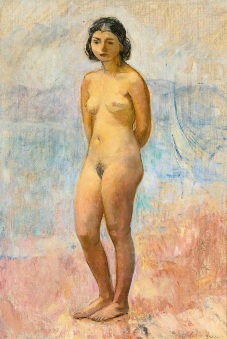 Jeune Fille Nue Debout,Henri Lebasque,เฮนรี่ เลอบาสก์,จิตรกรรมสีน้ำมัน,จิตรกรรมสีน้ำมัน, 1สาว, เดี่ยว, หัวนม