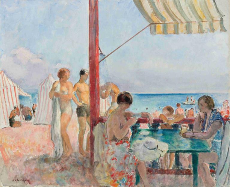 Le Bar Sur La Plage,Henri Lebasque,Oljna slika,Oljna slika, več fantov, tabela, na prostem, dan, klobuk