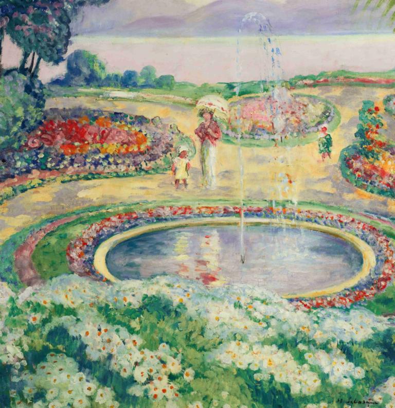 Le Jardin Fleuri,Henri Lebasque,Oljemålning,Oljemålning, paraply, blomma, träd, utomhus, parasoll, vatten