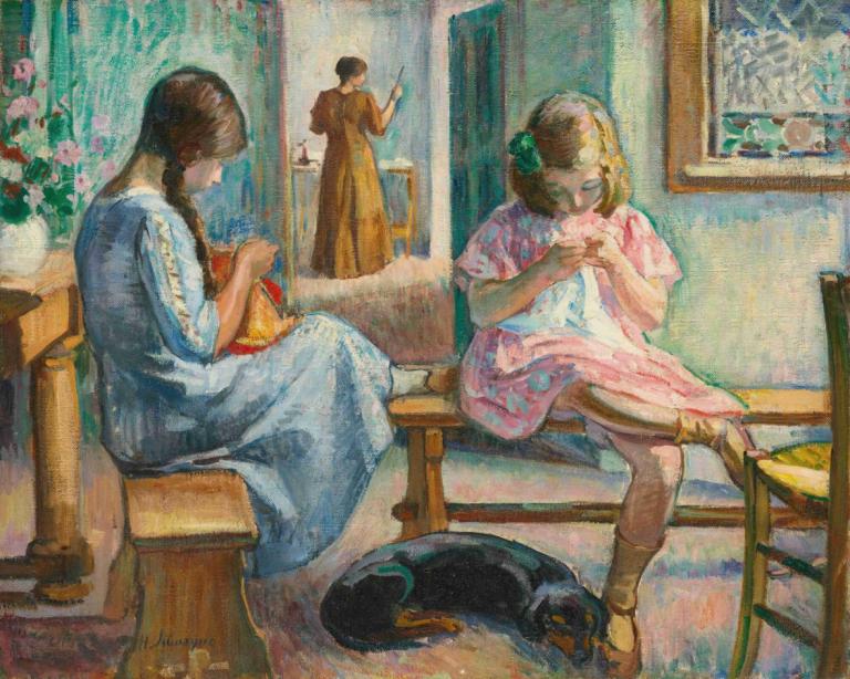 Marthe Et Nono Cousant Dans Un Intérieur,Marthe och Nono syr in en interiör,Henri Lebasque,Oljemålning