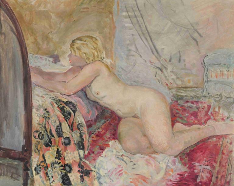 Nu Allongé Contre Un Lit,Naken liggande mot en säng,Henri Lebasque,Oljemålning,Oljemålning, 1 tjej, naken