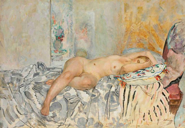 Nu Allongé Au Coussin Espagnol,Liggande Nude med spansk dyna,Henri Lebasque,Oljemålning,Oljemålning