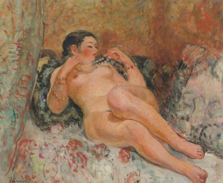 Nu Allongée,Naken lögn,Henri Lebasque,Oljemålning,Oljemålning, 1 tjej, solo, naken, bröstvårtor, Smycken