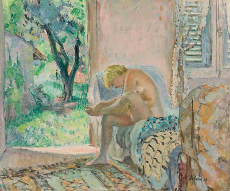 Nu Assis Sur Un Canapé Près De La Fenêtre,Naken på en soffa vid fönstret,Henri Lebasque,Oljemålning