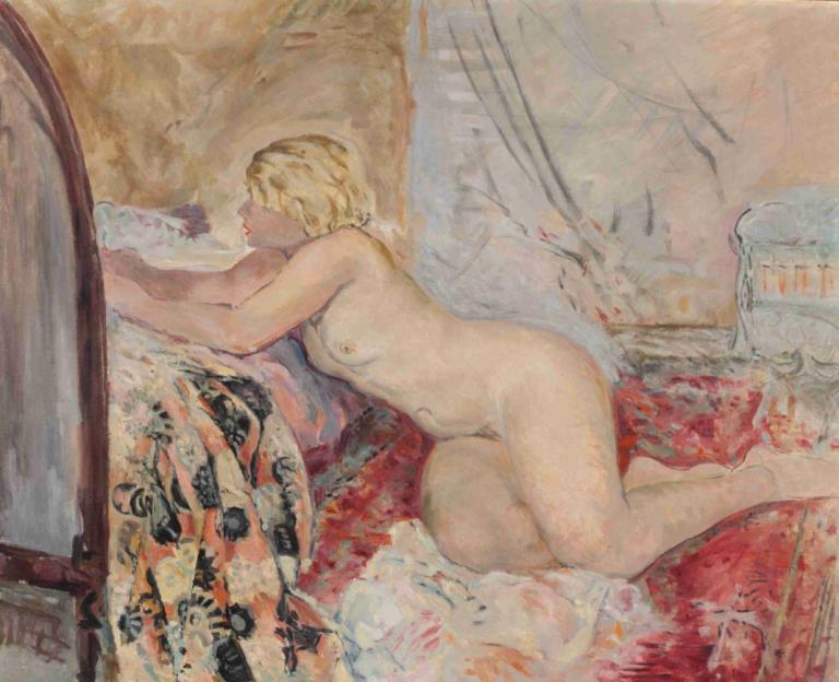 Nu allongé contre un lit,Naken liggande mot en säng,Henri Lebasque,Oljemålning,Oljemålning, 1 tjej, blont hår