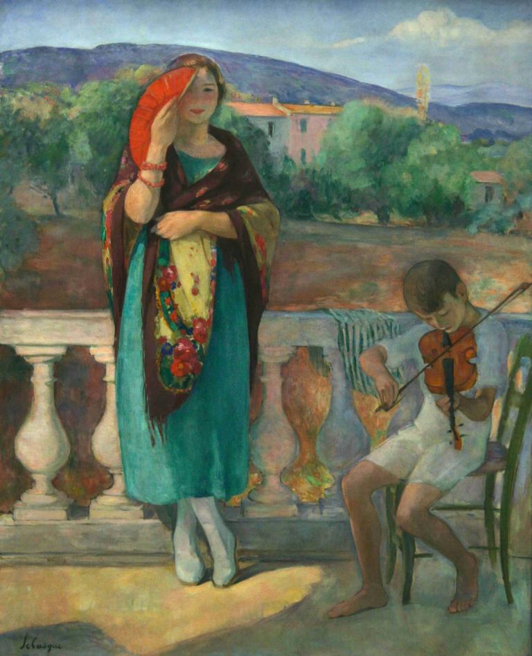 On The Balcony,På balkongen,Henri Lebasque,Oljemålning,Oljemålning, instrument, musik, spelar instrument