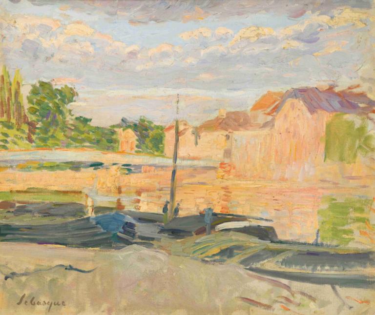 Péniches Au Bord De La Marne,Henri Lebasque,Oljemålning,Oljemålning, utomhus, landskap, moln, himmel, väg