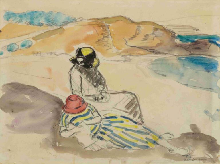 Sur La Plage,På stranden,Henri Lebasque,Oljemålning,Oljemålning, svart hår, hatt, traditionella medier