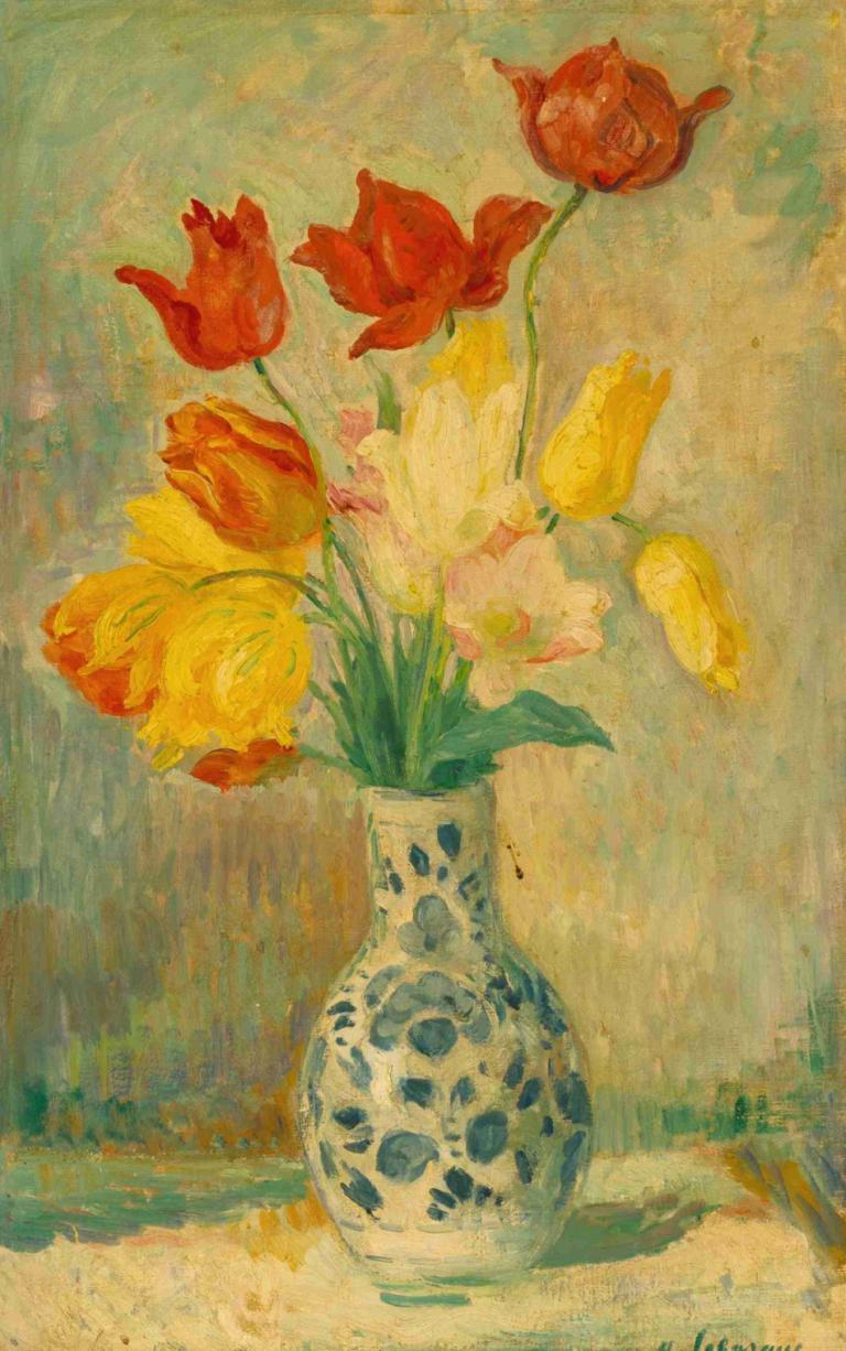 Tulips in a Delftware vase,Tulpaner i en vas av Delftware,Henri Lebasque,Oljemålning,Oljemålning, blomma