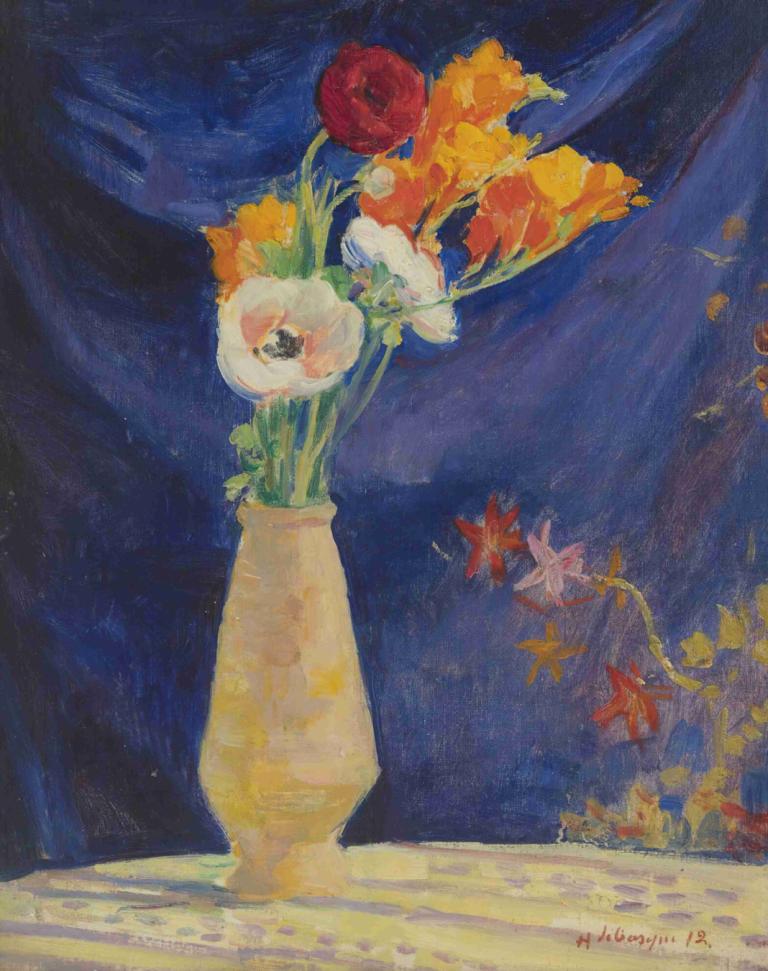 Vase D'anémones Sur Fond Bleu,Vas med anemoner mot blå bakgrund,Henri Lebasque,Oljemålning,Oljemålning