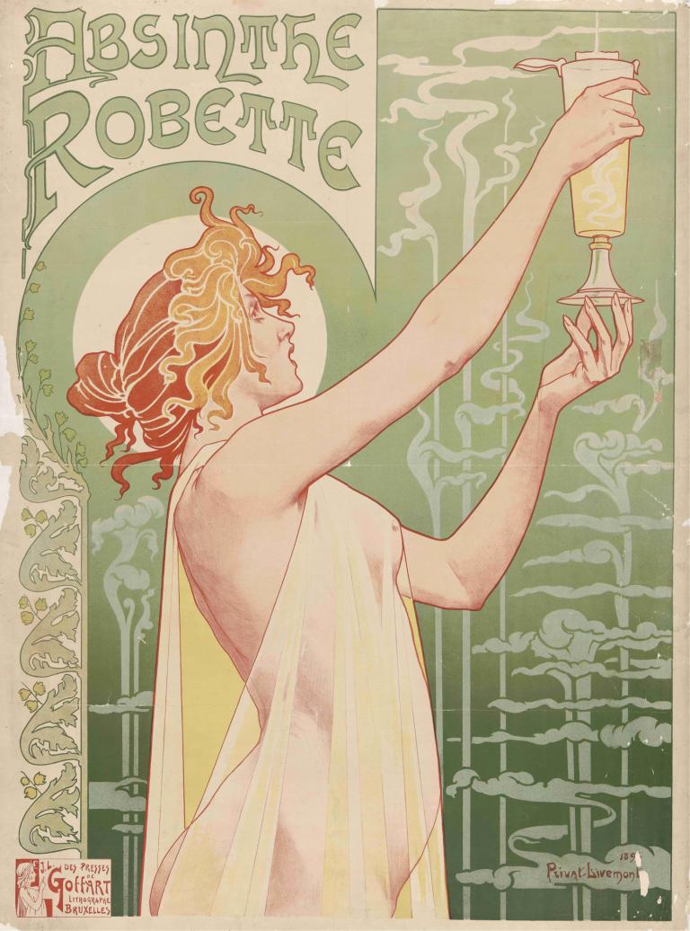 Absinthe Robette,Henri Privat-Livemont,Illustration,Illustration, solo, 1fille, profil, texte en anglais