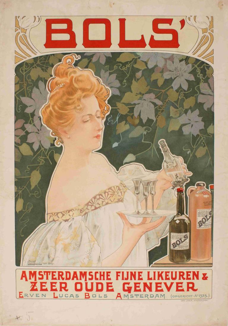 Bols,Henri Privat-Livemont,Illustration,Illustration, 1girl, solo, bottle, closed eyes, dress, holding