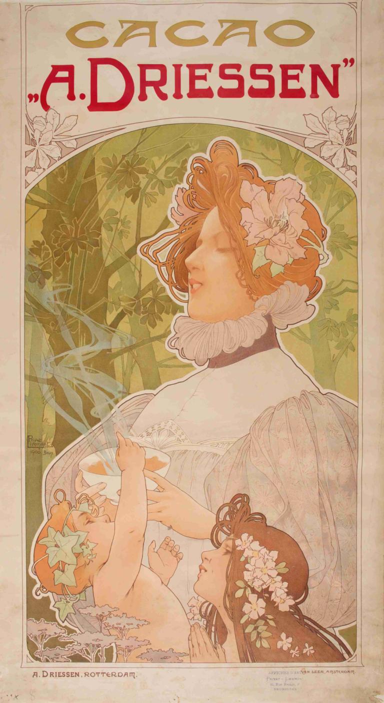 Cacao «A. Driessen»,Kakao "A. Driessen",Henri Privat-Livemont,Illustration,Illustration, flera tjejer, blomma