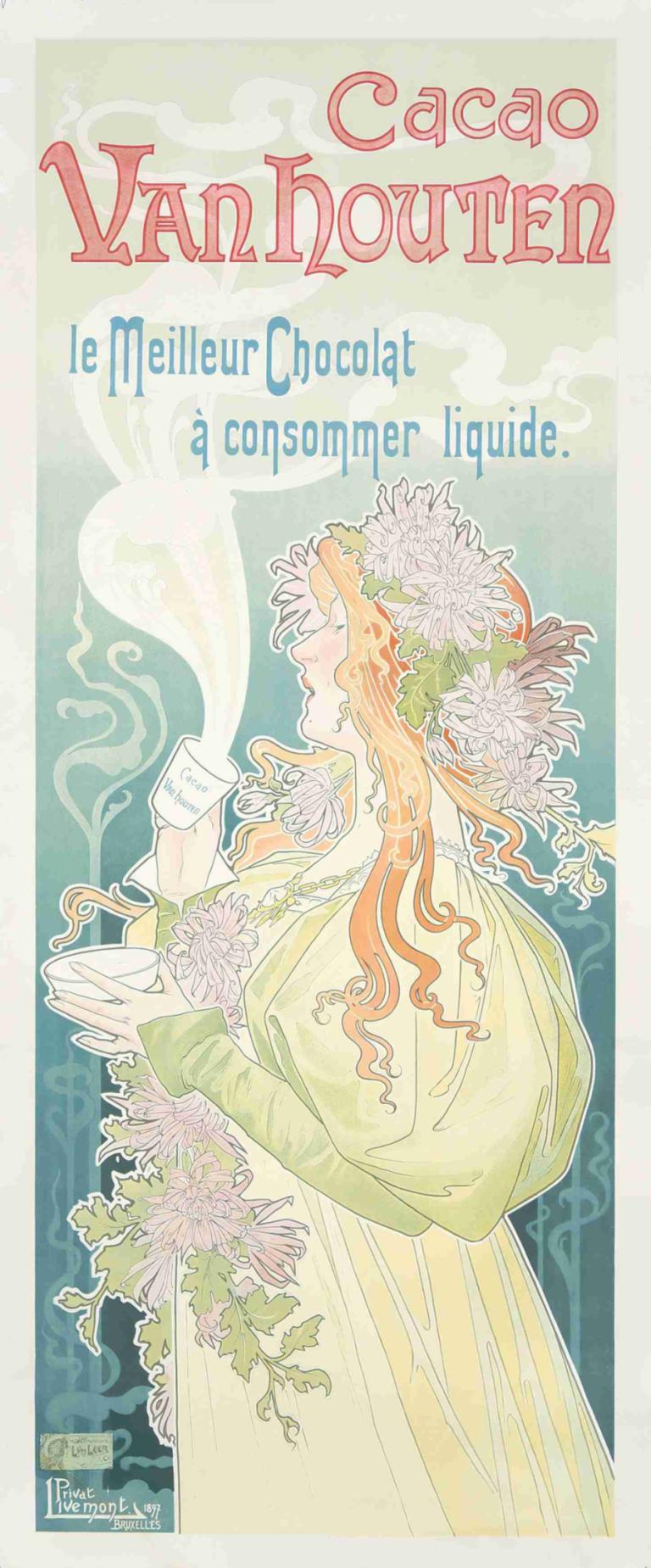 Cacao Van Houten,Henri Privat-Livemont,Illustration,Illustration, 1girl, solo, long hair, flower, profile