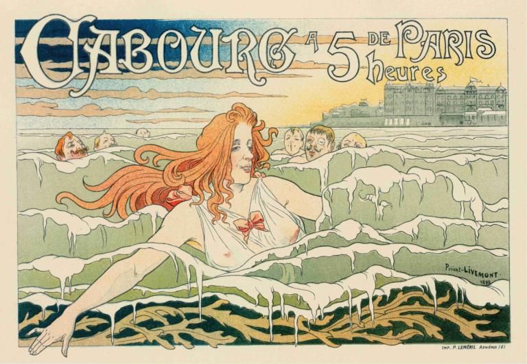 Casino De Cabourg,Henri Privat-Livemont,Illustration,Illustration, breasts, long hair, partially submerged