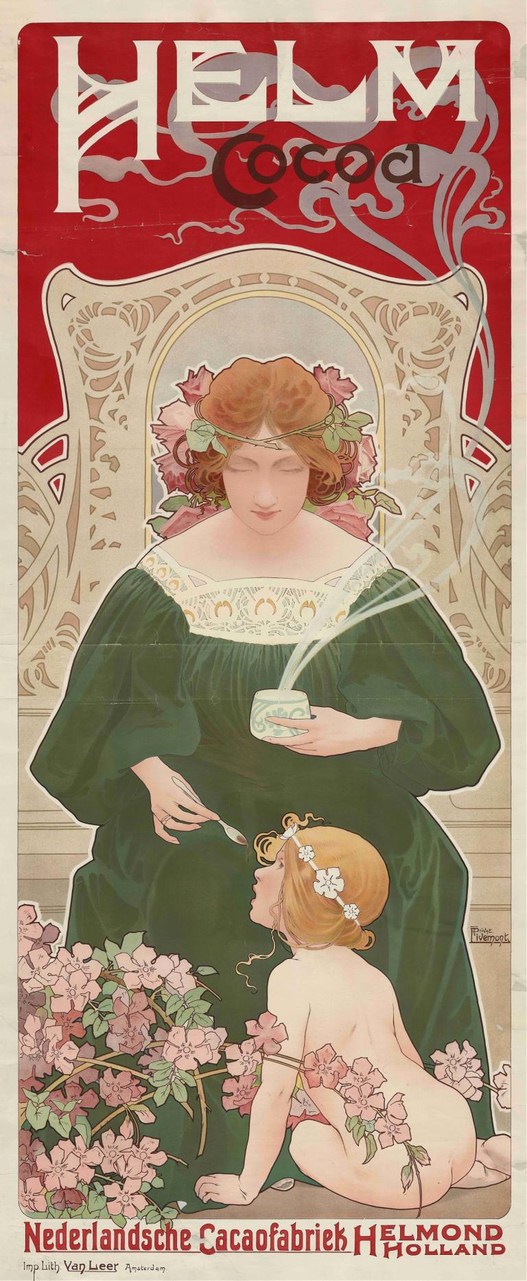 Helm Cocoa,Henri Privat-Livemont,Illustration,Illustration, multiple girls, 2girls, flower, nude, art nouveau