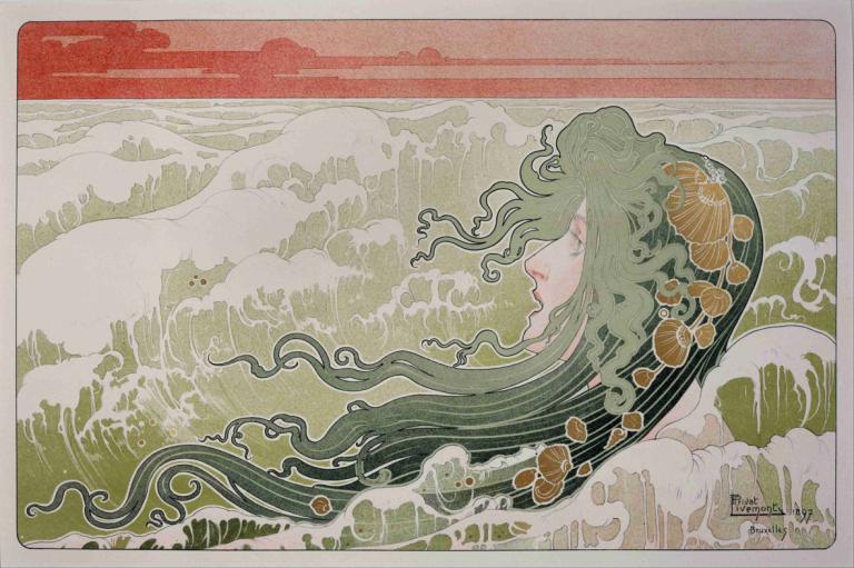 La Vague (The Wave),Henri Privat-Livemont,Illustration,Illustration, 1girl, solo, profile, long hair, leaf