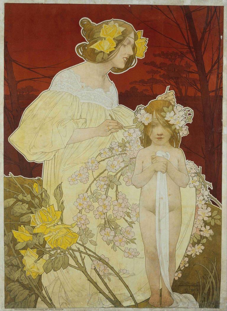 Palais de la Femme. Exposition de 1900,Henri Privat-Livemont,Illustration,Illustration, flower, 2girls