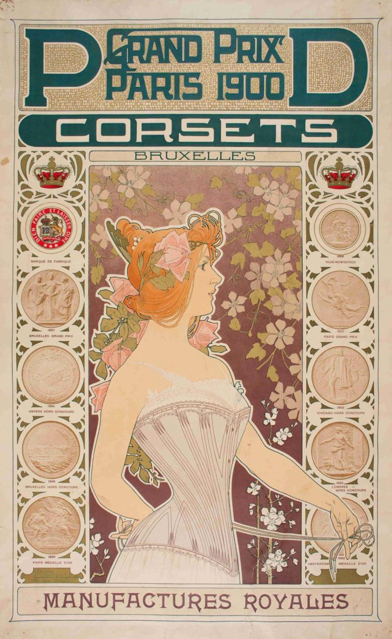 Pd Corsets,Korset Pd,Henri Privat-Livemont,Ilustrasi,Ilustrasi, 1 gadis, Art Nouveau, solo, bunga, gaun