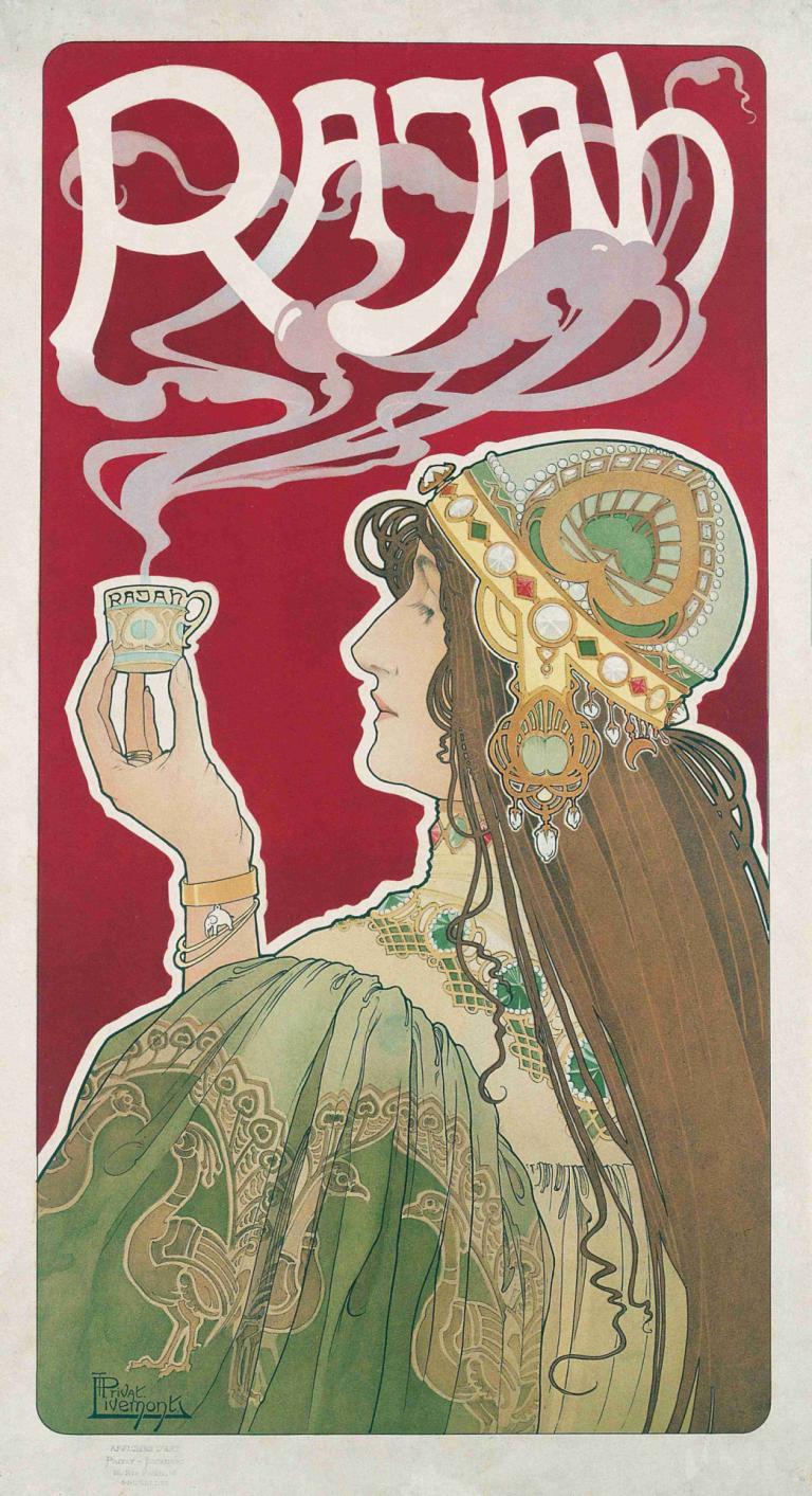 Rajah,拉賈,Henri Privat-Livemont,亨利·普裡瓦特--利維蒙特,插畫,插畫, 1個女孩, 獨奏, 長髮, 棕色的頭髮, 珠寶, 杯子, 輪廓, 保持, 手鐲, 項鍊, 茶碗, 抽煙, 上半身