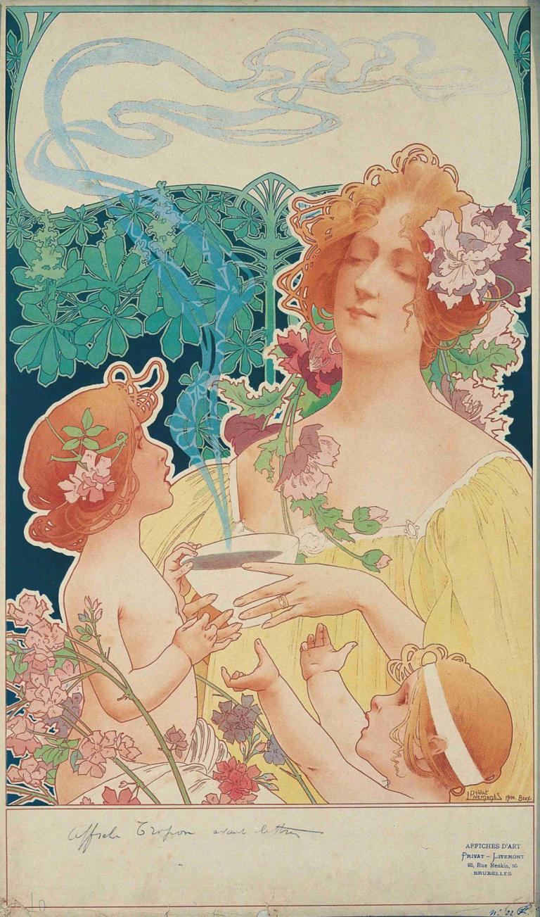 Tropon Chocolat-Cacao,Henri Privat-Livemont,Illustration,Illustration, flower, multiple girls, cup