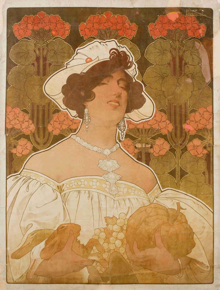 Untitled,無題,Henri Privat-Livemont,亨利·普裡瓦特--利維蒙特,插畫,插畫, 1個女孩, 珠寶, 項鍊, 耳環, 花, 白色頭飾, 裙子, 帽子, 獨奏, 白色禮服, 閉著眼睛, 保持