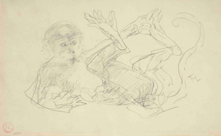 A Monkey Playing on His Back,Henri de Toulouse-Lautrec,Sketch,Sketch, sketch, 1boy, male focus, beard