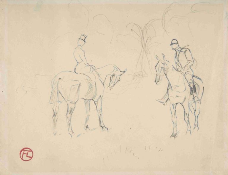 A Woman and a Man on Horseback,Henri de Toulouse-Lautrec,Sketch,Sketch, horse, horseback riding, riding