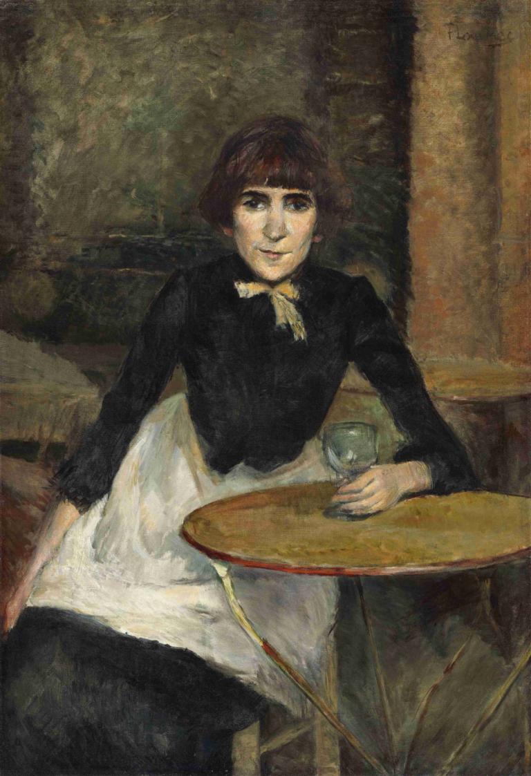 A la Bastille (Jeanne Wenz),Henri de Toulouse-Lautrec,Oil Painting,Oil Painting, 1girl, solo, table