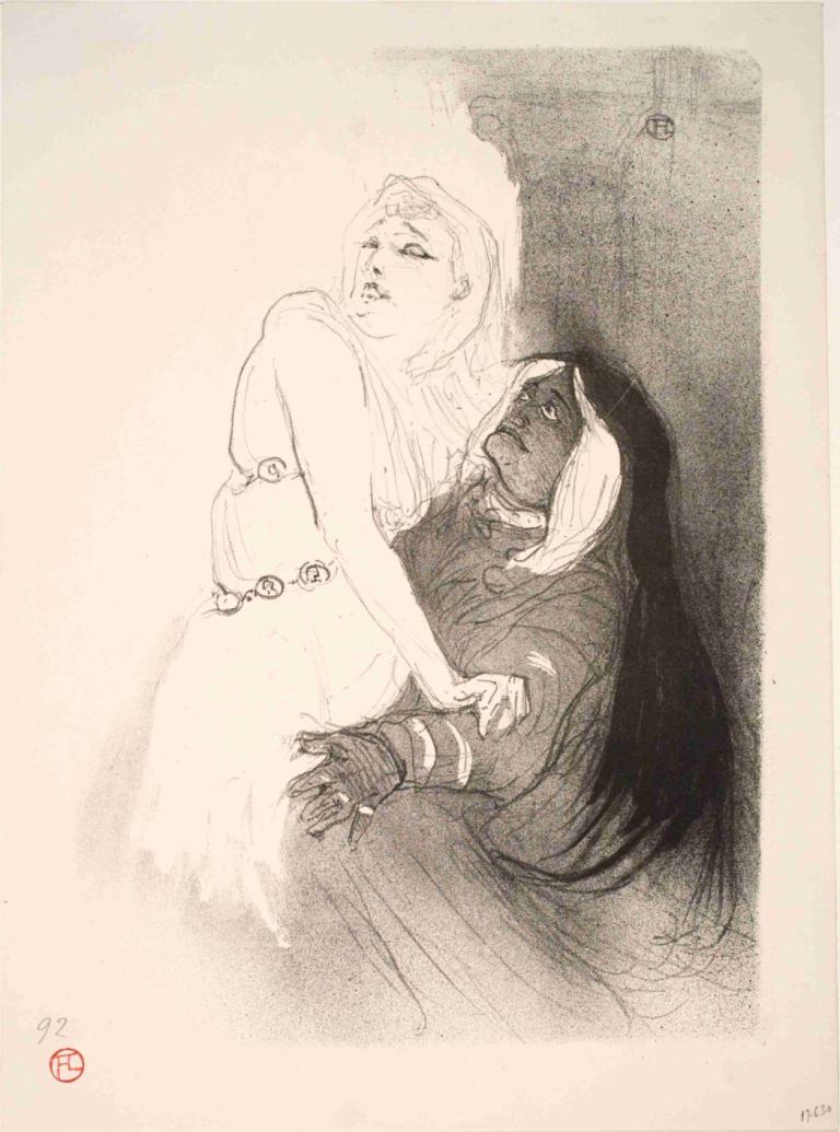 A la Renaissance, Sarah Bernhardt dans Phèdre,Henri de Toulouse-Lautrec,Sketch,Sketch, 1girl, 1boy