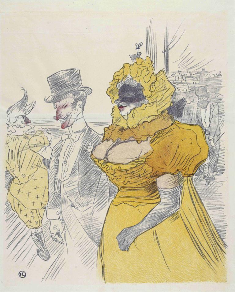 Affiche Au Bal des EtudiantS,Au Bal des Etudiants,Henri de Toulouse-Lautrec,亨利·德·圖盧茲-勞特雷克,彩色素描,彩色素描, 乳房, 裙子