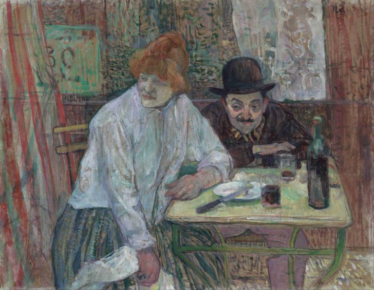 At the Café La Mie,Henri de Toulouse-Lautrec,Oil Painting,Oil Painting, hat, 2boys, multiple boys, table