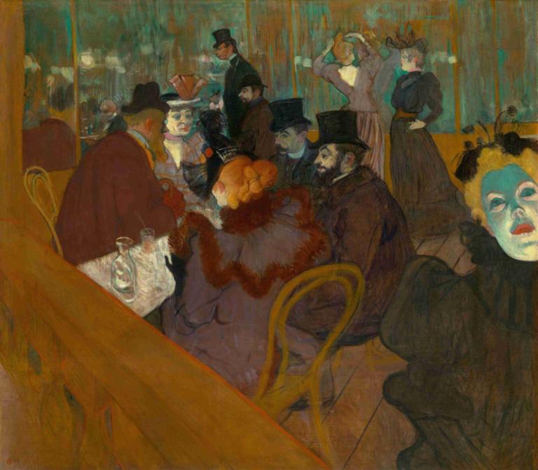 At the Moulin Rouge,ムーラン・ルージュにて,Henri de Toulouse-Lautrec,アンリ・ド・トゥールーズ＝ロートレック,油絵,油絵, 複数の男の子, 帽子, 6人以上男の子, マスク