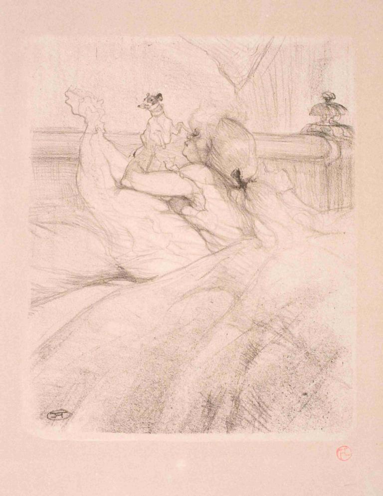 Au Lit,Henri de Toulouse-Lautrec,Sketch,Sketch, monochrome, sketch, bed, 1girl, traditional media, pillow