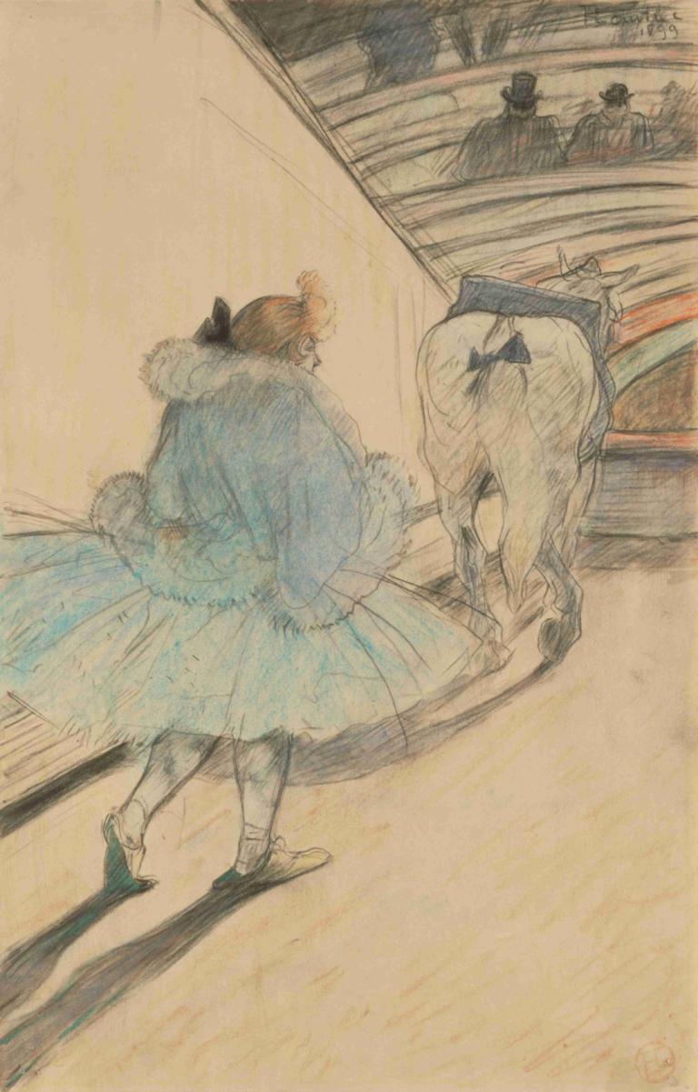 Au cirque; Entrèe en piste,馬戲團；滑雪道上的入口,Henri de Toulouse-Lautrec,亨利·德·圖盧茲-勞特雷克,彩色素描,彩色素描, 1個女孩, 傳統媒體, 馬, 裙子