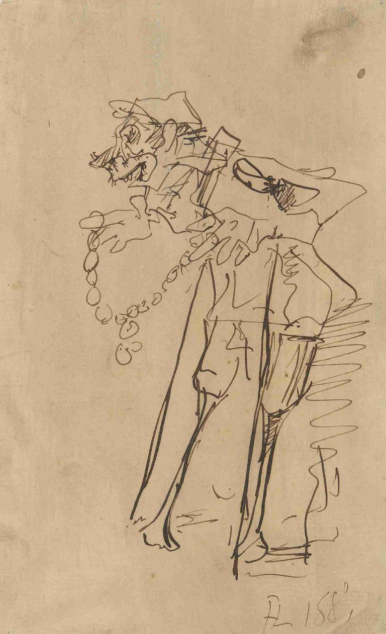 Caricature of a soldier holding a decoration,Karikatuur van een soldaat die een onderscheiding vasthoudt