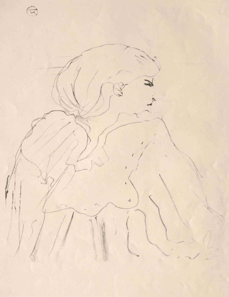 Cassive,Henri de Toulouse-Lautrec,Sketch,Sketch, 1girl, solo, monochrome, traditional media, sketch