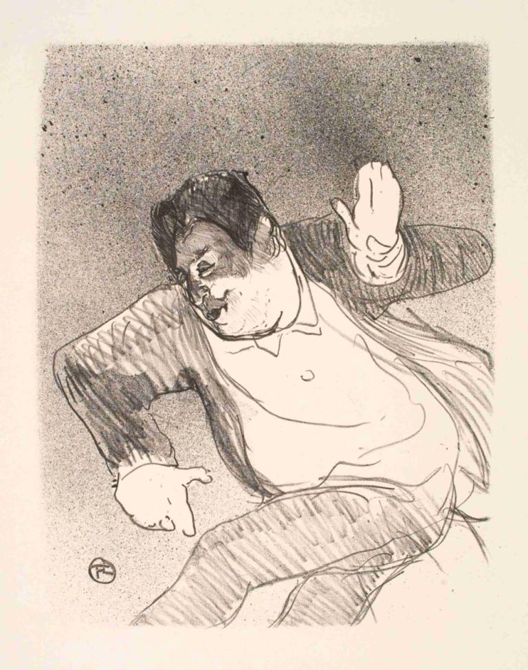 Caudieux, Petit Casino,Henri de Toulouse-Lautrec,Sketch,Sketch, 1boy, solo, male focus, monochrome, bowtie