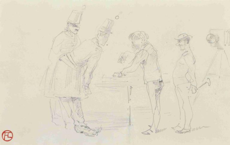 Chez le photographe,Henri de Toulouse-Lautrec,Sketch,Sketch, multiple boys, hat, sketch, 3boys, monochrome