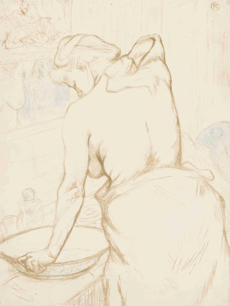 Elles The Toilet,Henri de Toulouse-Lautrec,Sketch,Sketch, 1girl, sketch, solo, monochrome, breasts