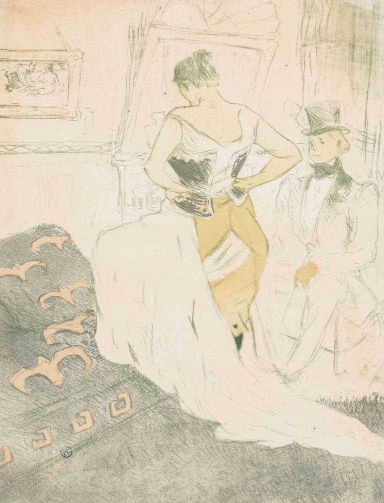 Elles Woman In a Corset,Elles Kvinna i korsett,Henri de Toulouse-Lautrec,Färgskiss,Färgskiss, hatt