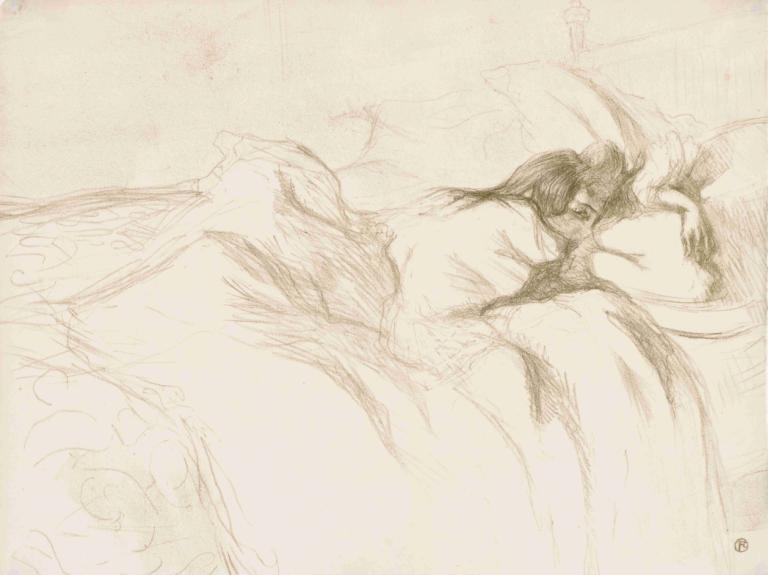 Elles Woman Sleeping,Henri de Toulouse-Lautrec,Sketch,Sketch, monochrome, 1girl, bed, sleeping, 1boy, sketch