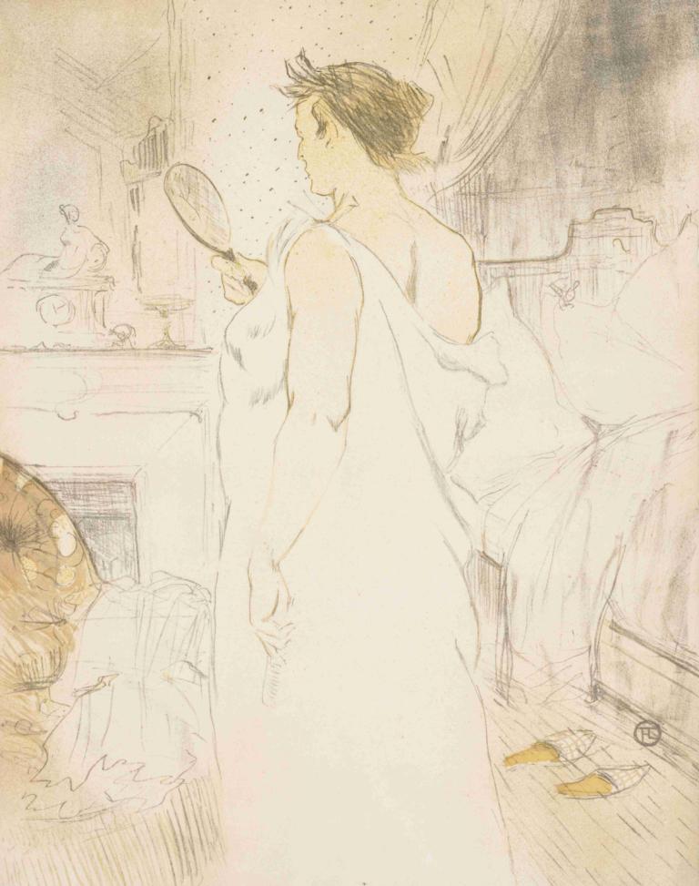 Elles Woman with a Hand Mirror,Elles Kvinna med handspegel,Henri de Toulouse-Lautrec,Färgskiss,Färgskiss