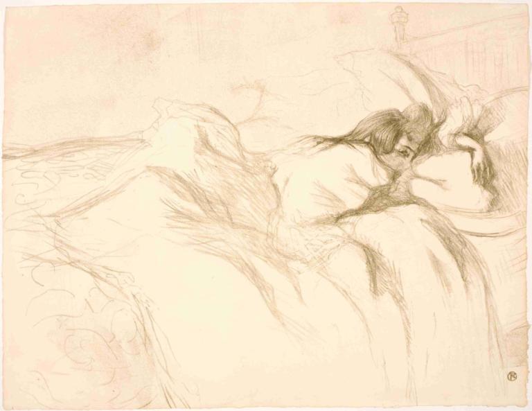 Femme Couchée, Réveil,Henri de Toulouse-Lautrec,Sketch,Sketch, bed, monochrome, 1girl, sketch, pillow