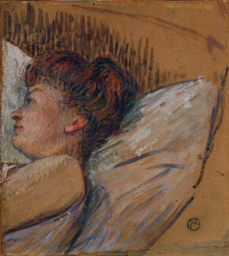 Frau im Bett,Femeie în pat,Henri de Toulouse-Lautrec,Pictura in ulei,Pictura in ulei, solo, 1 fata, păr șaten