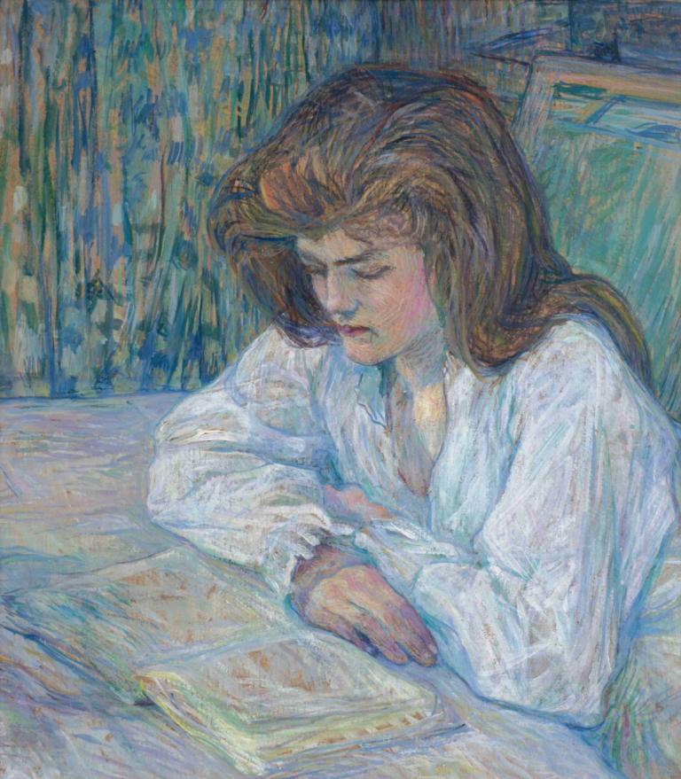 La Liseuse,리더,Henri de Toulouse-Lautrec,앙리 드 툴루즈 로트렉,오일 페인팅,오일 페인팅, 독주, 여자 1명, 긴 머리, 감긴 눈, 갈색 머리, 전통 미디어, 책